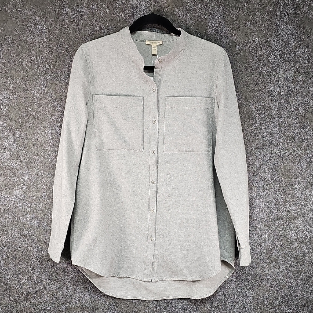 Old Stock Eileen Fisher, Mandarin Collar Twill Flannel Button Up, Gray, Size S